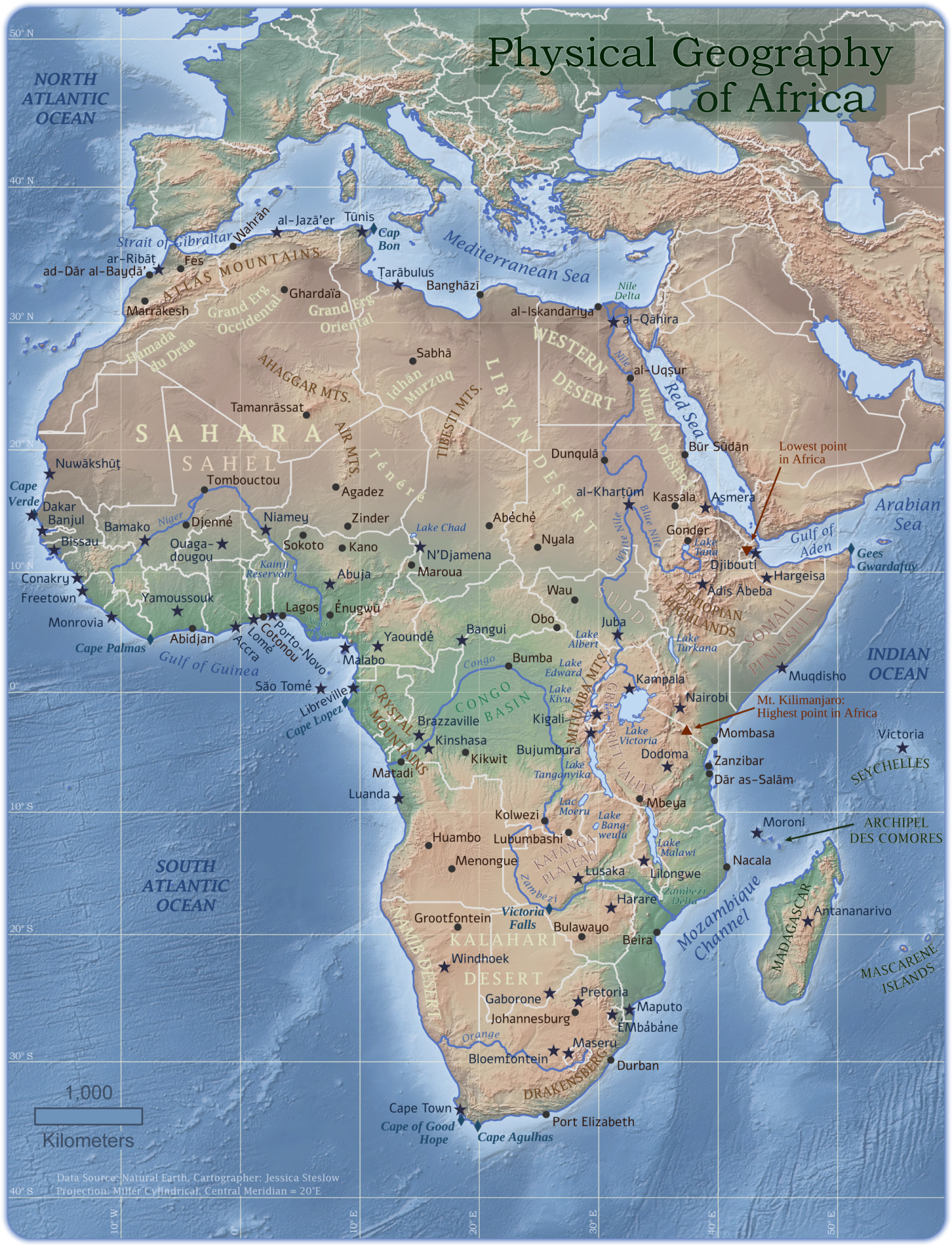 A detailed map of Africa colored by terrain type with country boundaries and labels for geographical point features, geographical area features, and and major cities.