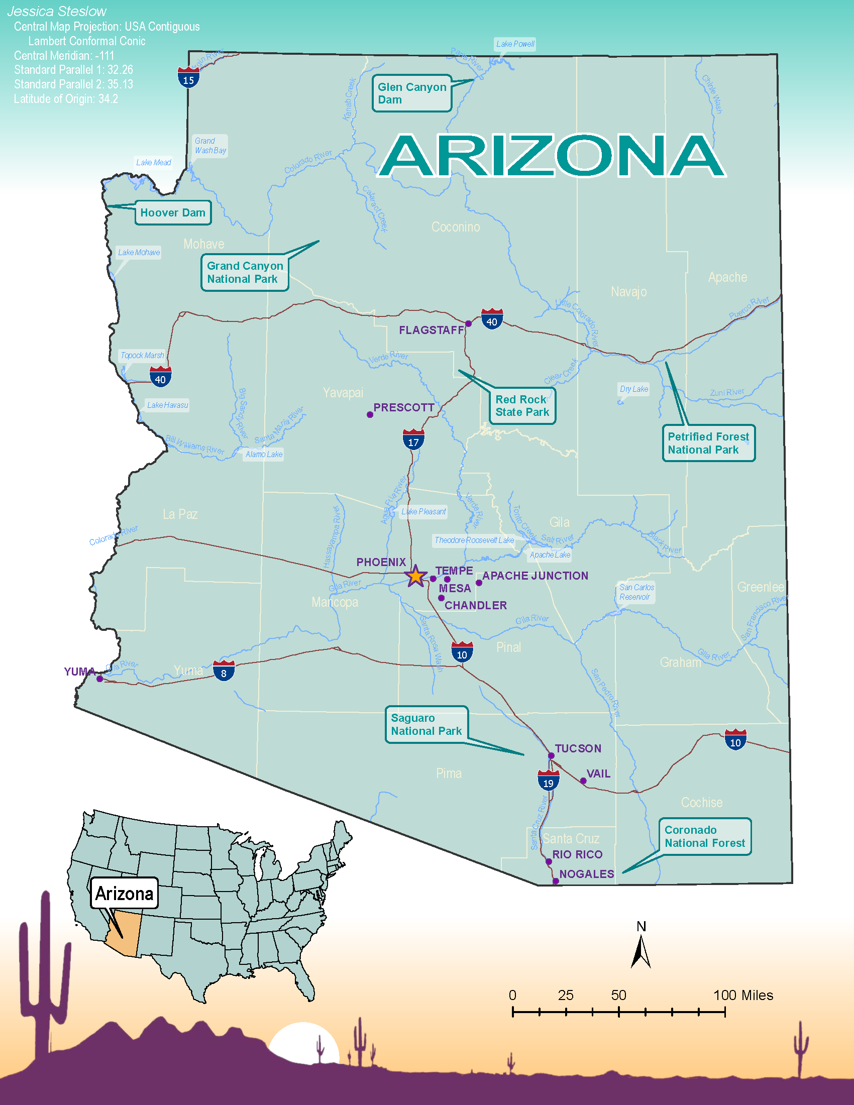 A simple political map of the U.S. State of Arizona with labels and lines for major roads, major rivers, major water bodies. The map is colored light blue and the background has a gradient of blue to white to purple, with a silhouette of cacti on the bottom edge.