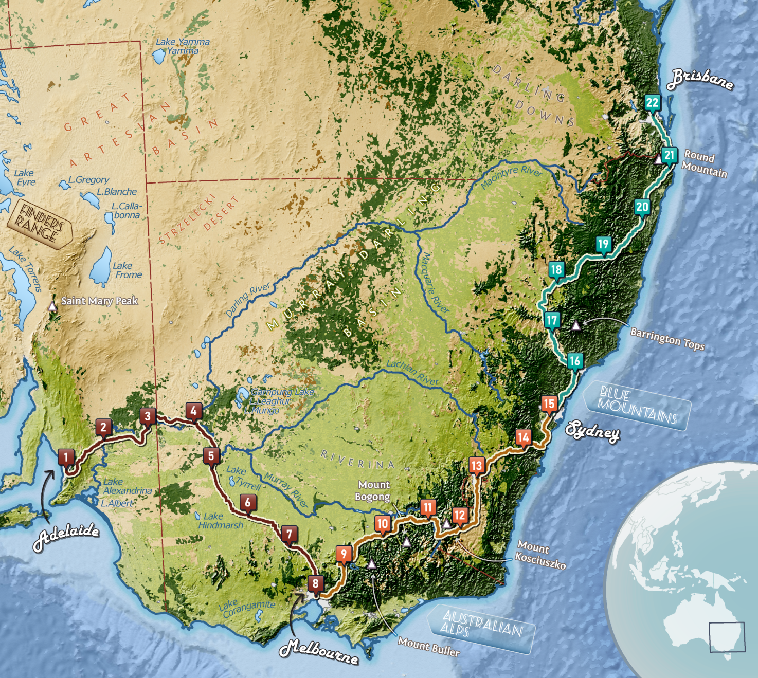 A map of southeastern Australia with terrain brightly colored and a cycling route overlaid on top with cities and landmarks labeled.