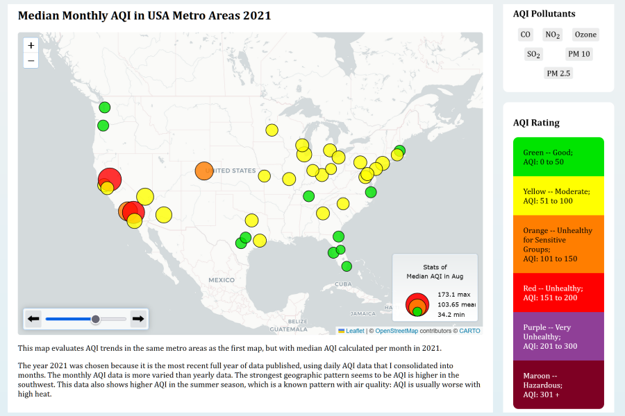 A website showing the United States with colored points over cities that represent air quality values.