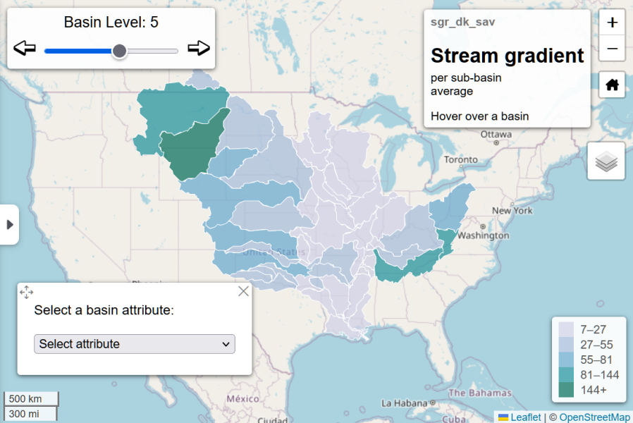 A web application that shows watersheds of the Mississippi River in the United States with arrows and toggles to change the subdivision levels and watersheds colored per environmental parameter.