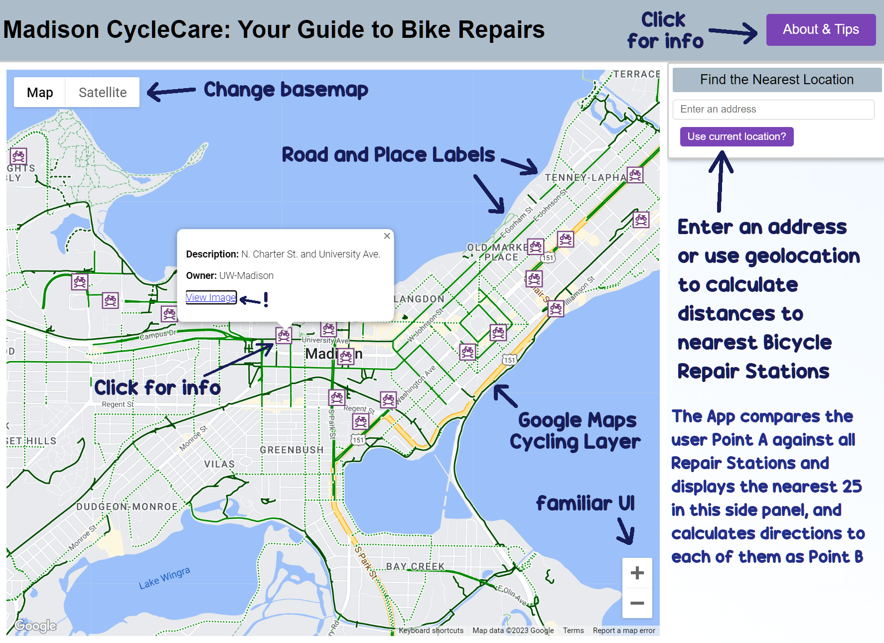 A web app that shows bicycle repair stations in Madison, Wisconsin on a Google Map with notes on interactions overlaid on the map.