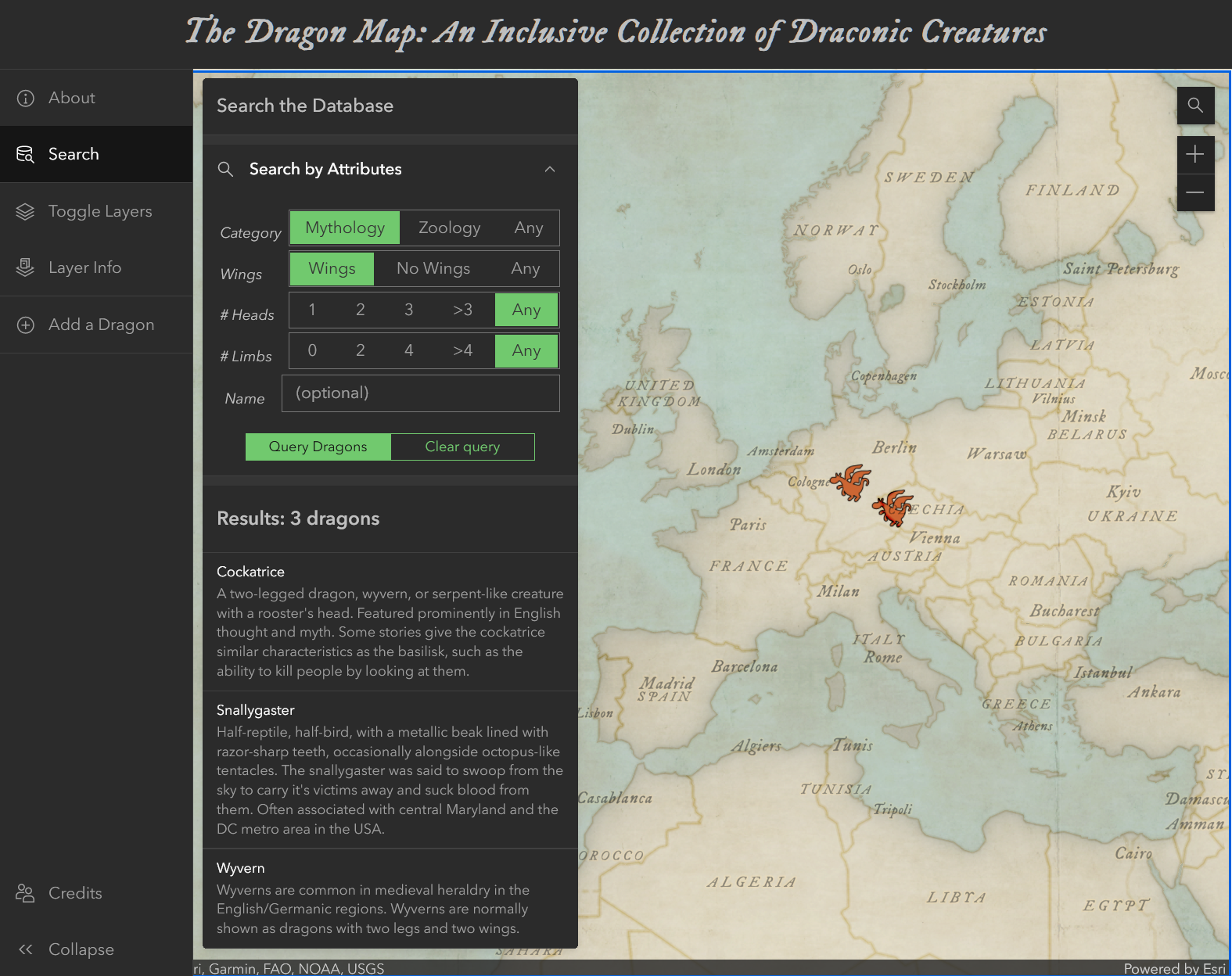 A web app with a menu bar on the left and a large map on the right showing icons of dragons and lizards.