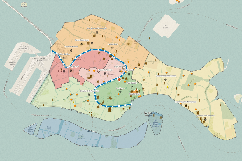 A map of Venice, Italy with sestieri (neighborhoods) in different colors and points of interest labeled.