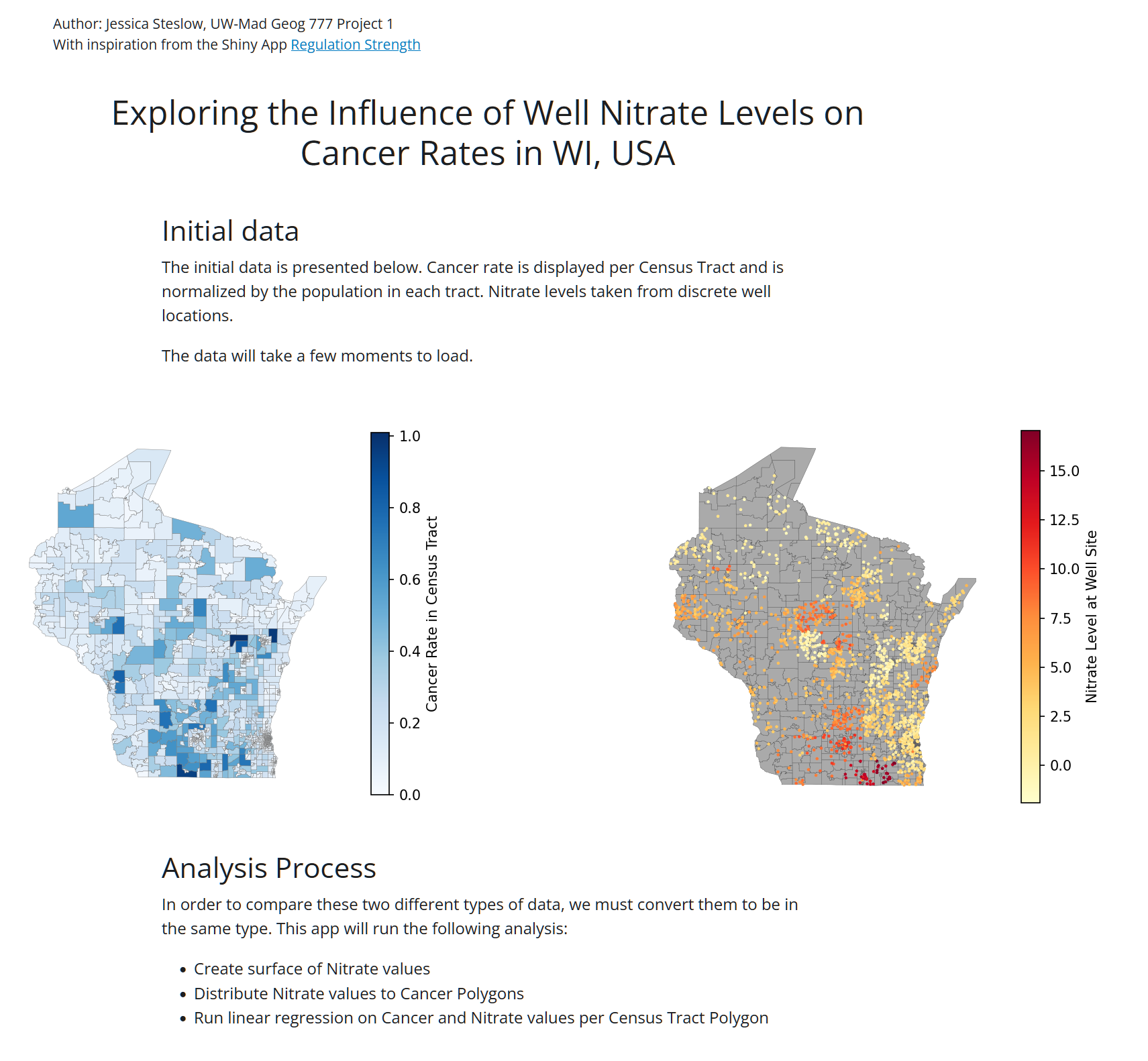 A simple web page with a title that reads "Exploring the Influence of Well Nitrate Levels on Cancer Rates in WI, USA" and shows two side by side maps that show counties of WI, colored by Cancer Rate or Nitrate Level.