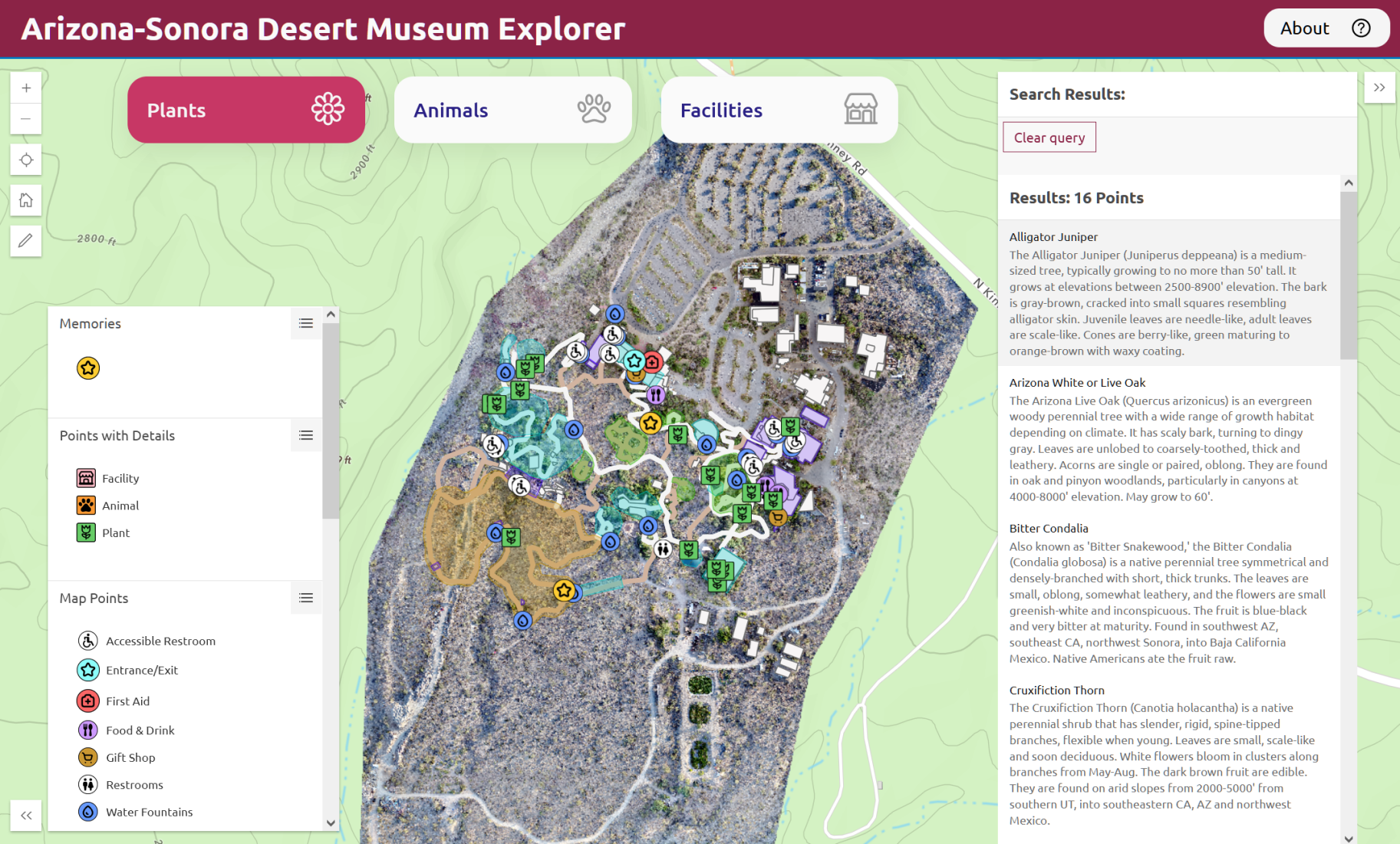 A map of the Desert Museum, Tucson, AZ, with an aerial view of desert terrain and colorful labels of plants, animals, and buildings. Information is detailed with text in a legend and in a side-panel of the map.