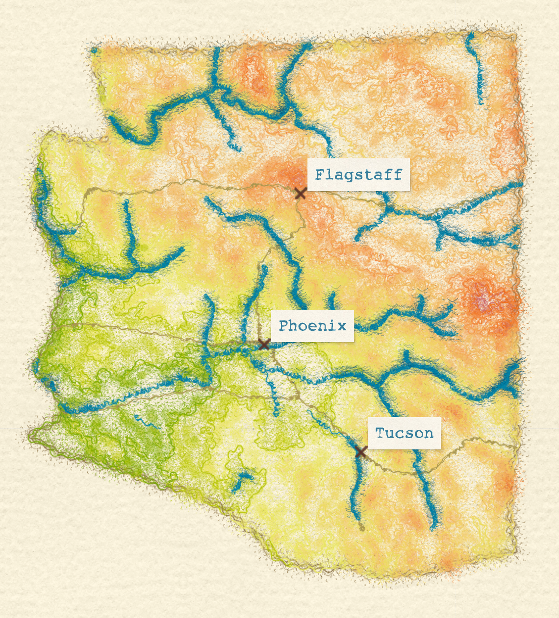 An artistic map of Arizona where elevation contours are colored in a rainbow pattern with wobbly pencil lines.