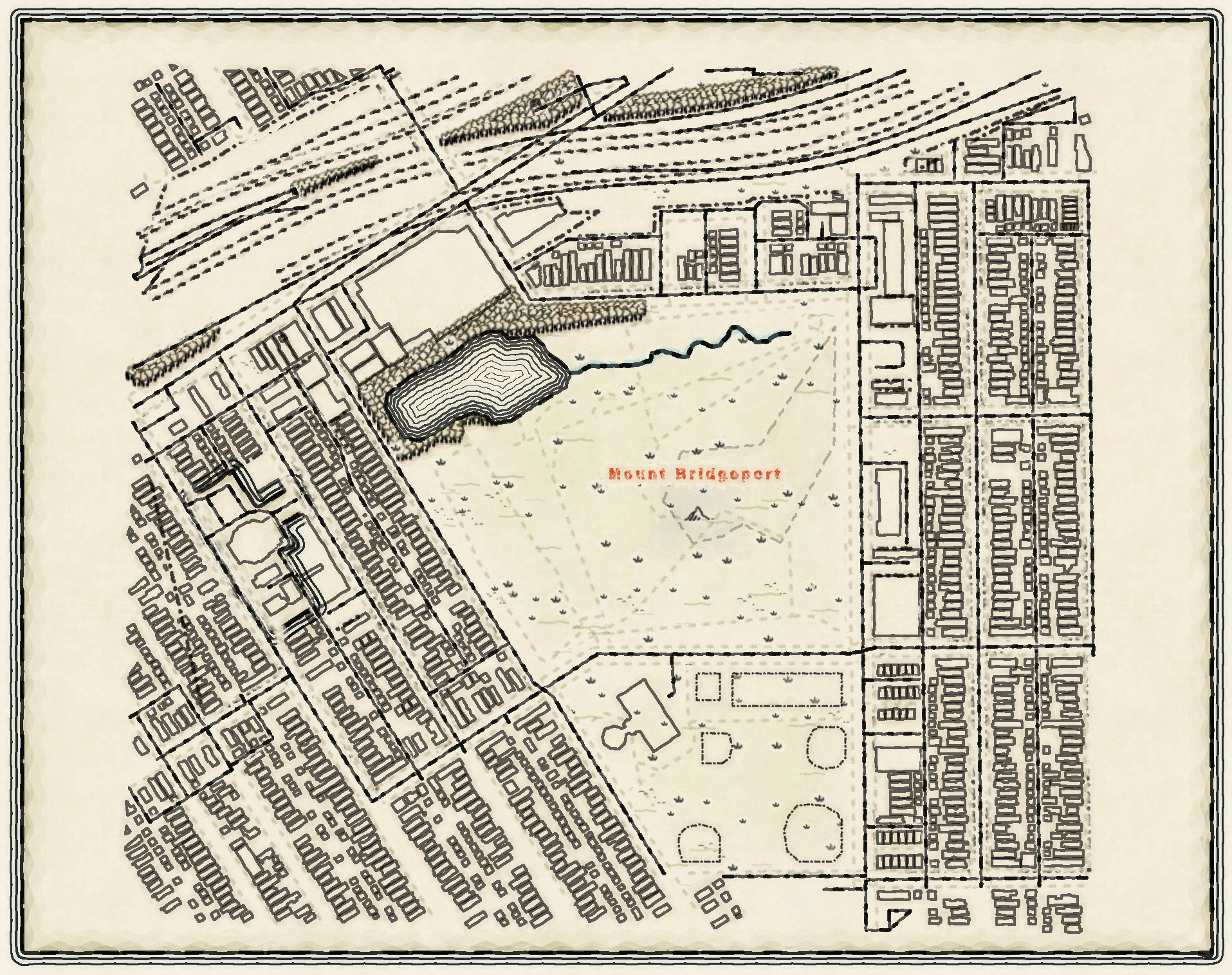 A map of Bridgeport Park in Chicago, Illinois in a style similar to JRR Tolkein's fantasy maps, with beige background colors and black inky linework and typography.